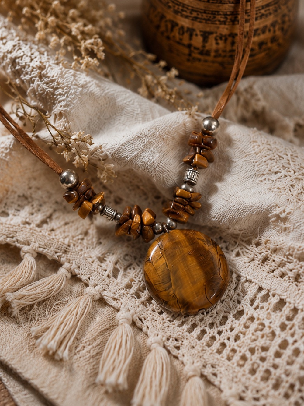 Handmade Tiger’s Eye Necklace Boho Southwestern Suede Cord Natural Stone Pendant